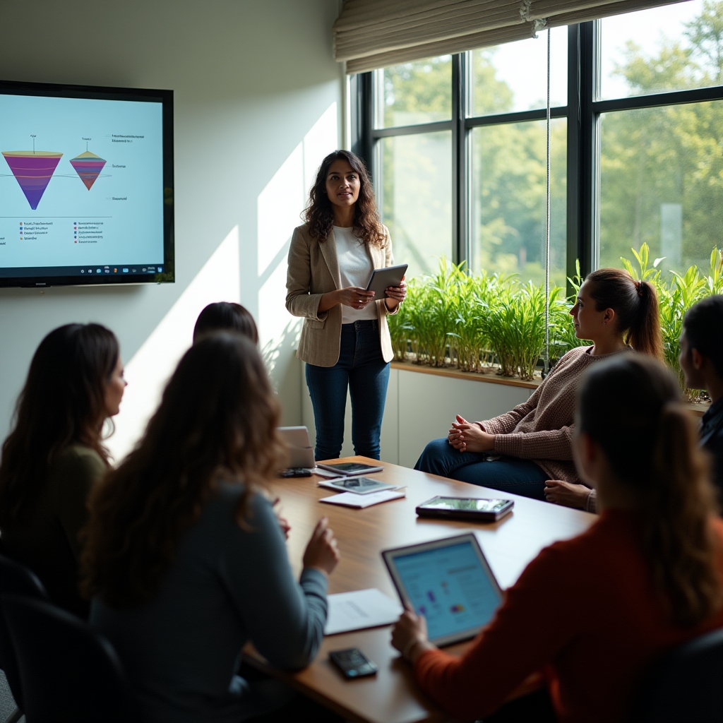 Diverses Team in interaktiver Schulungssession mit Datenpräsentation
