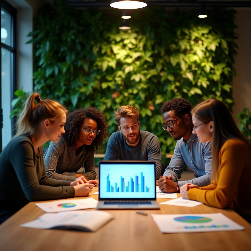 Team arbeitet gemeinsam an Datenanalyse in modernem Workshop-Raum